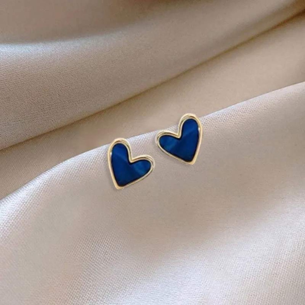 Heart Stud Earrings Women OS Blue Enamel Gold Tone Minimalist Daily Chic Classic